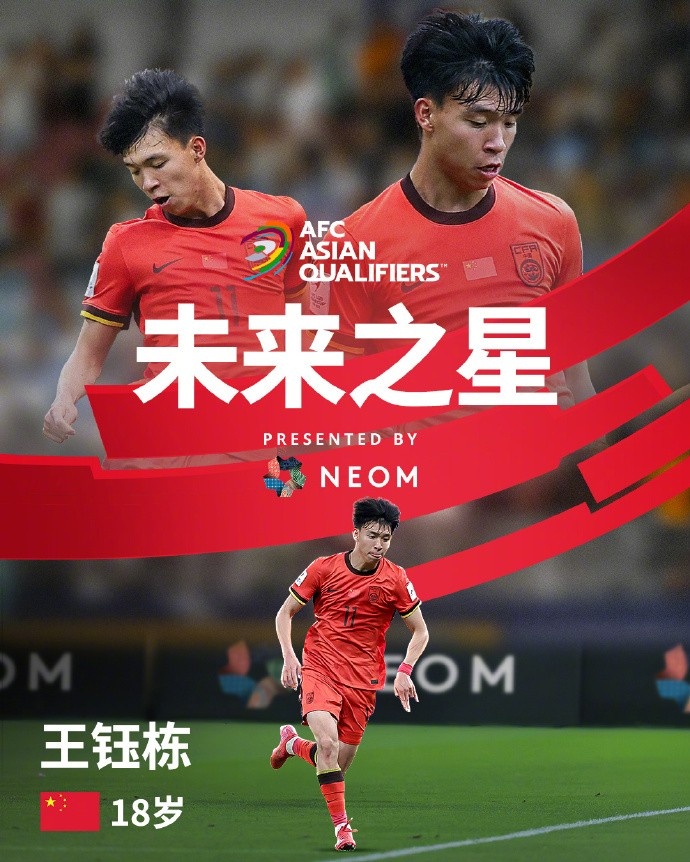 亞洲杯官方社媒發(fā)布王鈺棟個人海報：青年軍的旗幟，飄揚在前哨